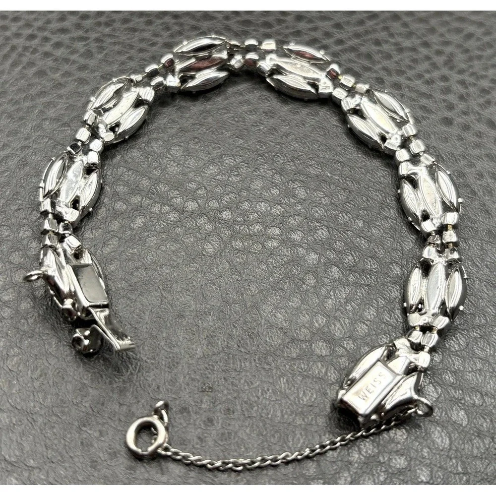 Vintage Weiss Art Deco Style Crystal Marquise Rhinestone Bracelet Silver Tone